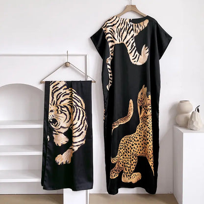 Women Printed Satin Abaya Set, Loose Batwing Sleeve Maxi Dress with Matching Long Scarf, Muslim Hijab Outfit, Islamic Dubai Kaftan for Party Daily Wear