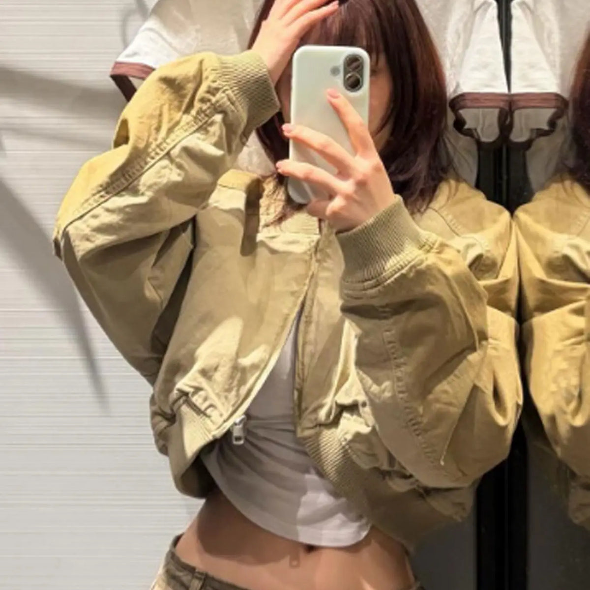 Olive Green Cropped Bomber Jacket for Women - Vintage Style Casual Outerwear with Ribbed Collar, Cuffs, Full Zip, and Side Pockets for Daily Streetwear Layering