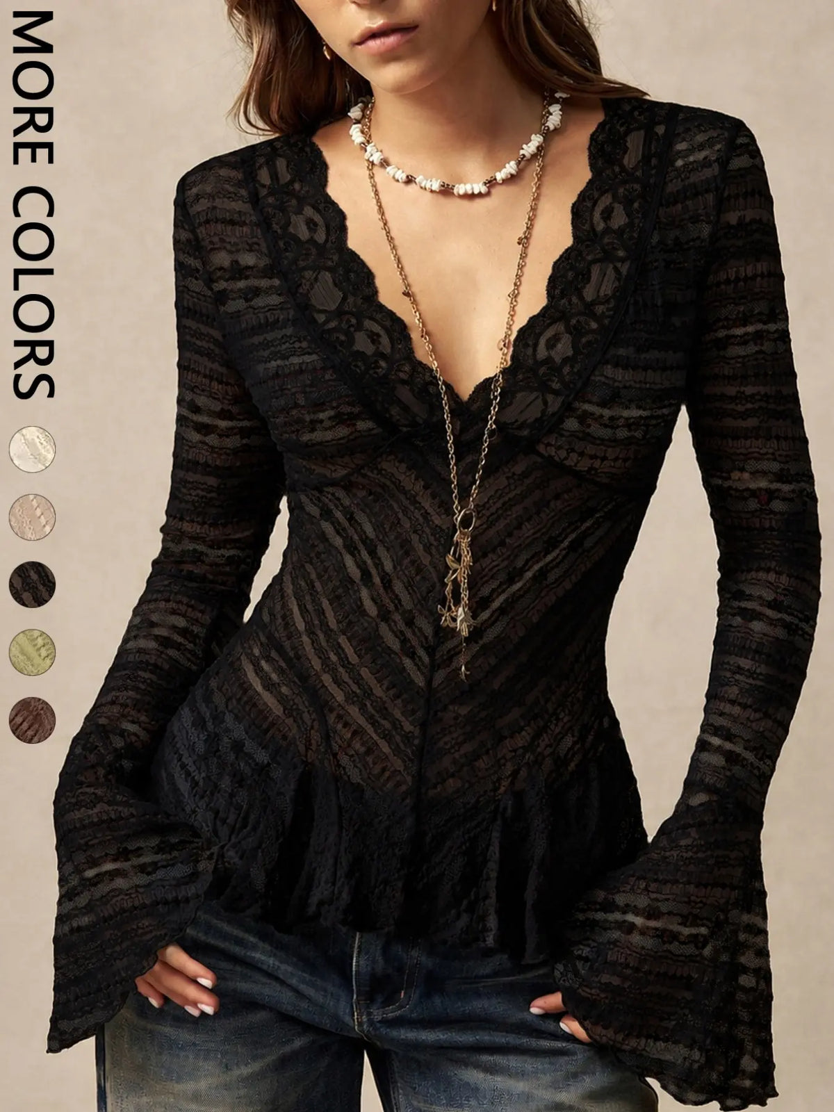Women'S Wave Lace Trim V-Neck Shirt, Long Flared Sleeve Sheer Texture Ruffle Dress Top, Boho Vintage Elegant Layering Blouse, Perfect for Dates, Brunch, Streetwear, Vacation, Casual