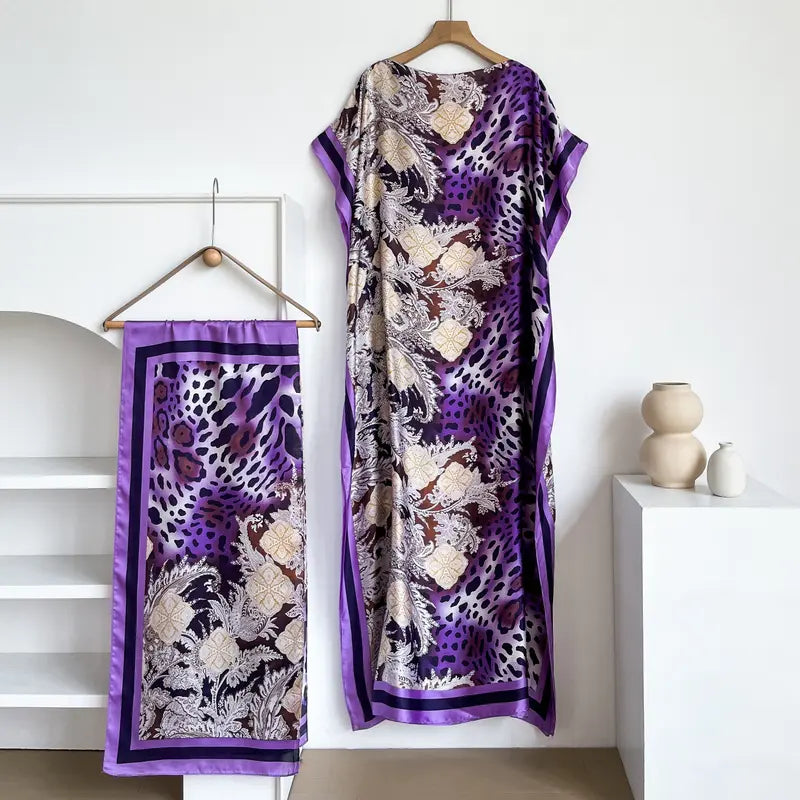 Women Printed Satin Abaya Set, Loose Batwing Sleeve Maxi Dress with Matching Long Scarf, Muslim Hijab Outfit, Islamic Dubai Kaftan for Party Daily Wear
