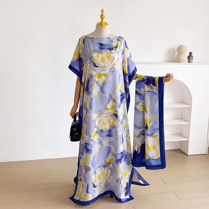 Women Printed Satin Abaya Set, Loose Batwing Sleeve Maxi Dress with Matching Long Scarf, Muslim Hijab Outfit, Islamic Dubai Kaftan for Party Daily Wear
