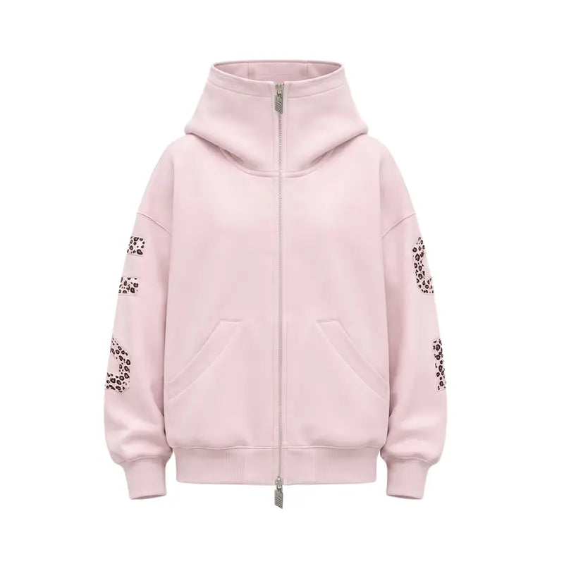 FDR Applique Letter Stand Collar Zip up Jacket & Leopard Panel Faux Two Piece Barrel Sweatpants Set Oversized Y2K Streetwear Unisex