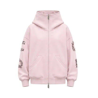 FDR Applique Letter Stand Collar Zip up Jacket & Leopard Panel Faux Two Piece Barrel Sweatpants Set Oversized Y2K Streetwear Unisex