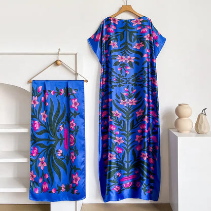 Women Printed Satin Abaya Set, Loose Batwing Sleeve Maxi Dress with Matching Long Scarf, Muslim Hijab Outfit, Islamic Dubai Kaftan for Party Daily Wear