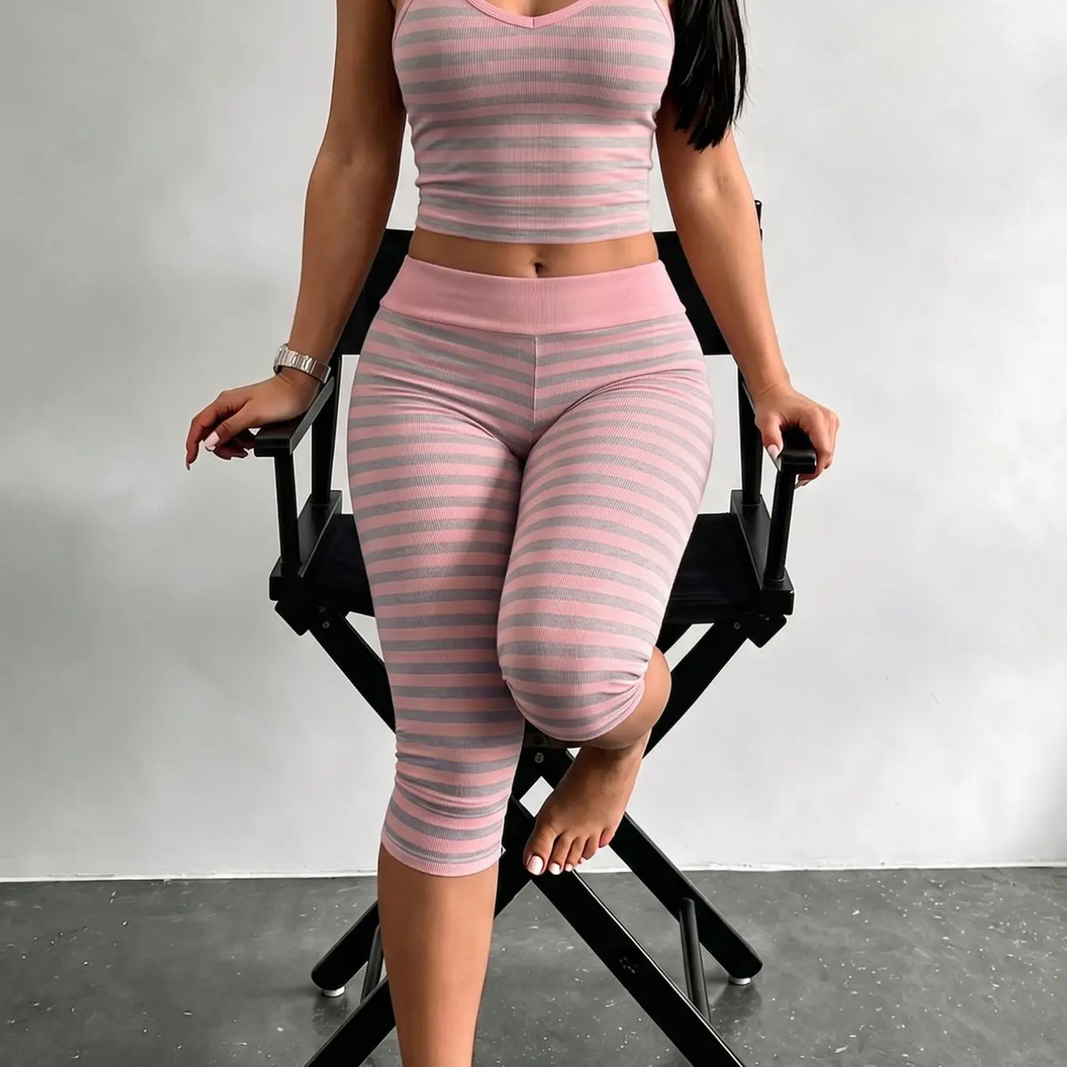 Yellow Grey Striped Two Piece Loungewear Set Crew Neck Short Sleeve Slim Crop Top High Waist Capri Leggings Stretch Fitted Matching Outfit Ideal for Home Relaxation Gym Training Grocery Runs and Casual Everyday All Season Comfy Outfits Stretchy Multicolor