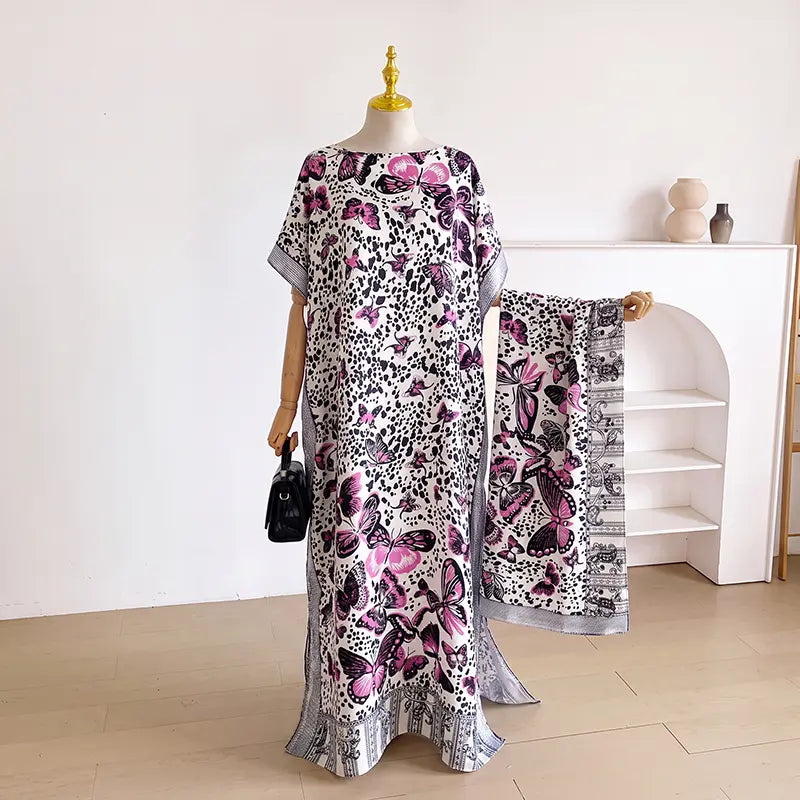 Women Printed Satin Abaya Set, Loose Batwing Sleeve Maxi Dress with Matching Long Scarf, Muslim Hijab Outfit, Islamic Dubai Kaftan for Party Daily Wear