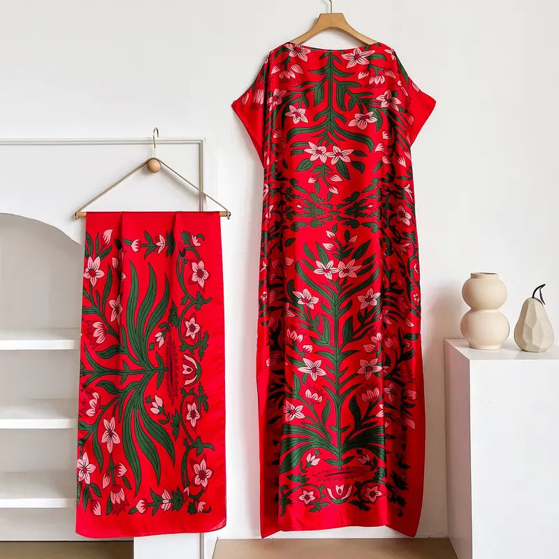 Women Printed Satin Abaya Set, Loose Batwing Sleeve Maxi Dress with Matching Long Scarf, Muslim Hijab Outfit, Islamic Dubai Kaftan for Party Daily Wear