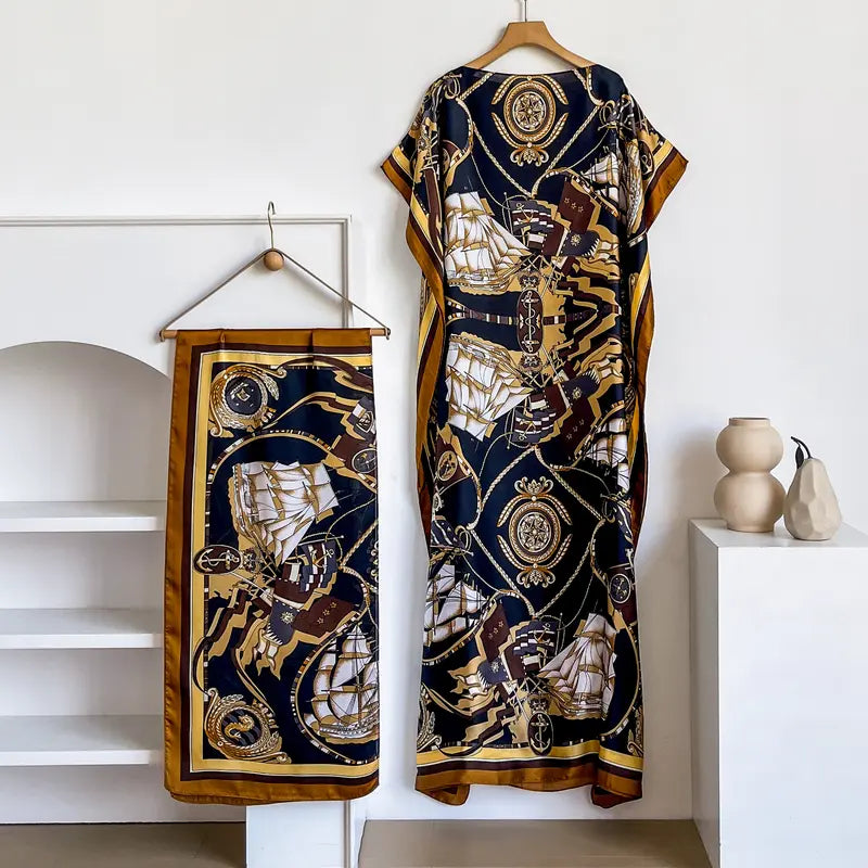 Women Printed Satin Abaya Set, Loose Batwing Sleeve Maxi Dress with Matching Long Scarf, Muslim Hijab Outfit, Islamic Dubai Kaftan for Party Daily Wear