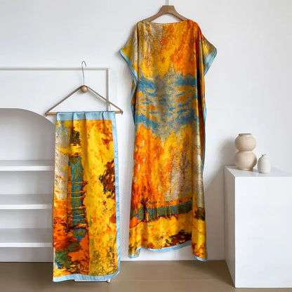 Women Printed Satin Abaya Set, Loose Batwing Sleeve Maxi Dress with Matching Long Scarf, Muslim Hijab Outfit, Islamic Dubai Kaftan for Party Daily Wear