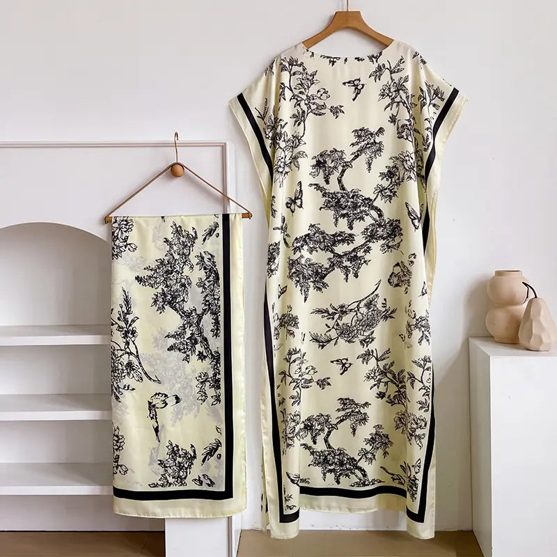 Women Printed Satin Abaya Set, Loose Batwing Sleeve Maxi Dress with Matching Long Scarf, Muslim Hijab Outfit, Islamic Dubai Kaftan for Party Daily Wear