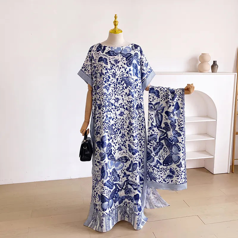 Women Printed Satin Abaya Set, Loose Batwing Sleeve Maxi Dress with Matching Long Scarf, Muslim Hijab Outfit, Islamic Dubai Kaftan for Party Daily Wear