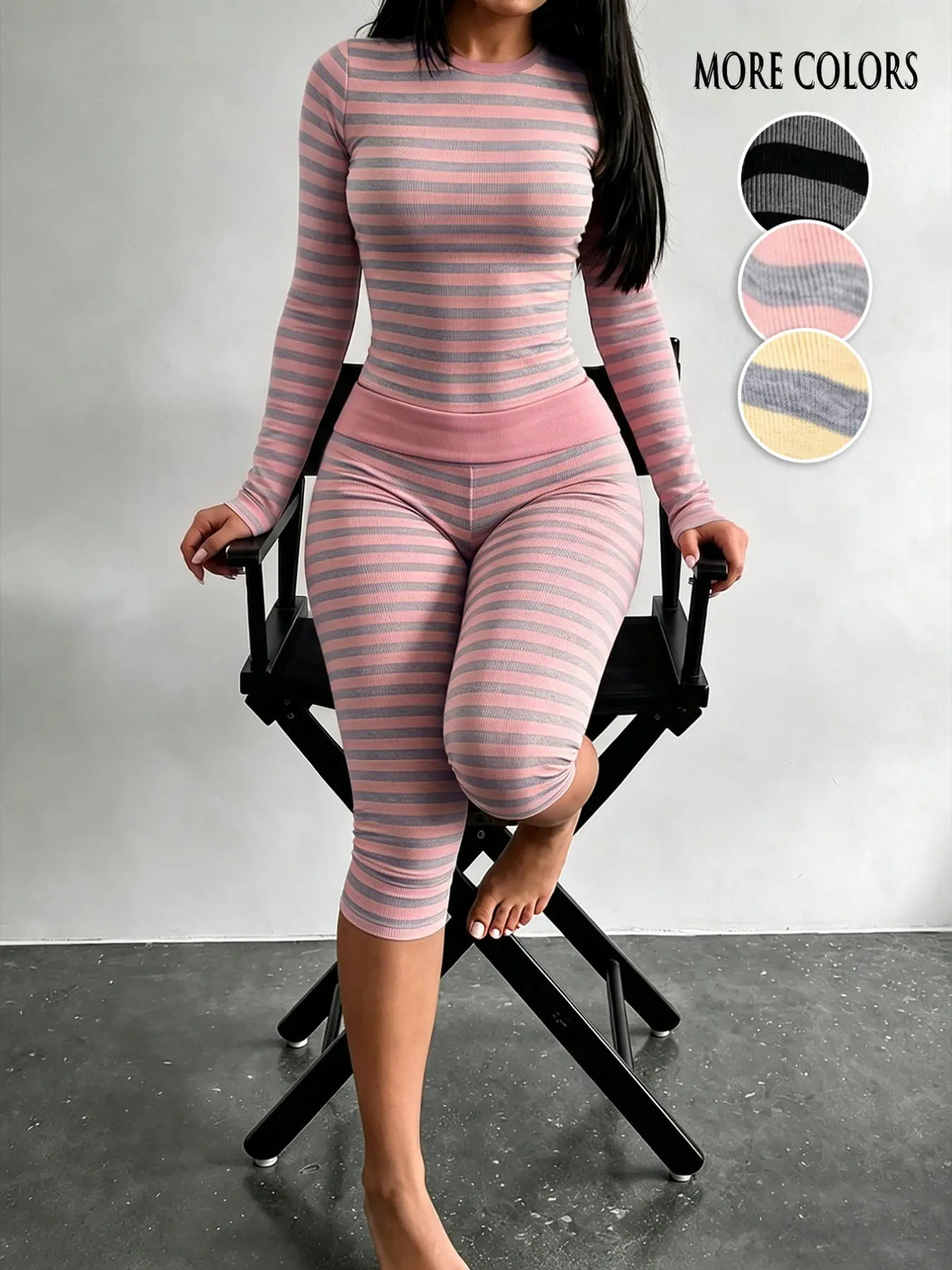 Yellow Grey Striped Two Piece Loungewear Set Crew Neck Short Sleeve Slim Crop Top High Waist Capri Leggings Stretch Fitted Matching Outfit Ideal for Home Relaxation Gym Training Grocery Runs and Casual Everyday All Season Comfy Outfits Stretchy Multicolor