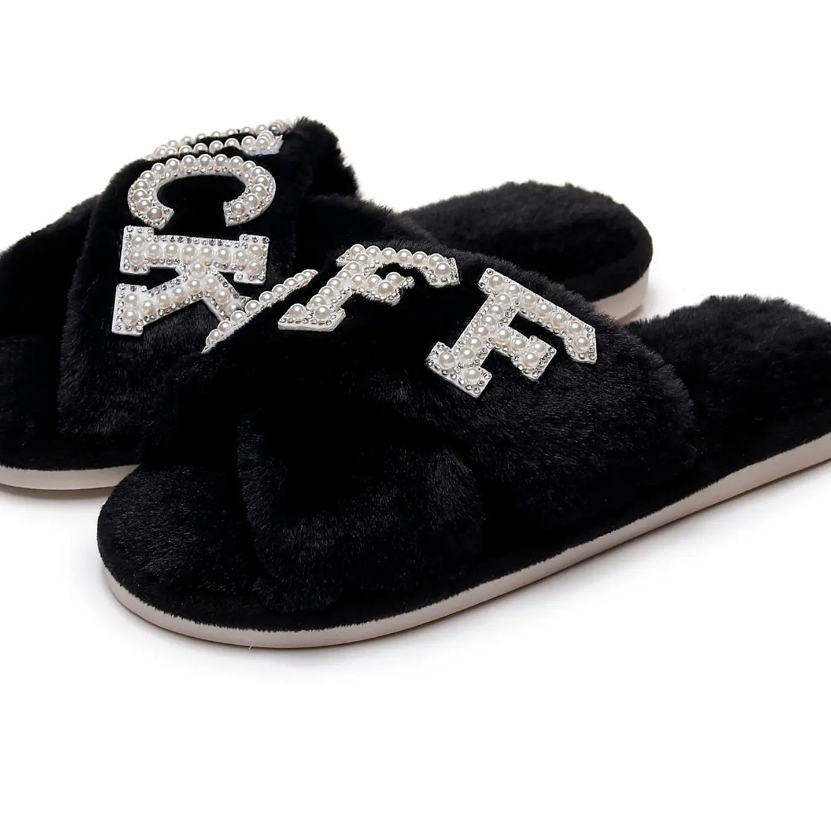 Pearl Drilled Letter off Women'S Plush Slippers Footwear, Comfortable Cross Strap Design, Memory Foam, Perfect Home Gift for Wife