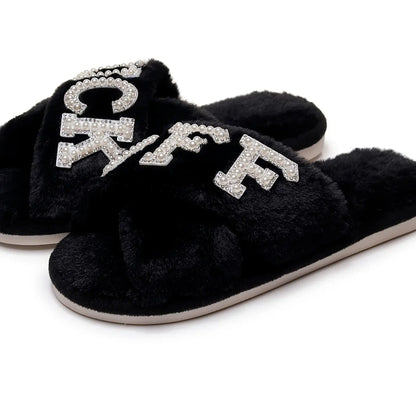Pearl Drilled Letter off Women'S Plush Slippers Footwear, Comfortable Cross Strap Design, Memory Foam, Perfect Home Gift for Wife