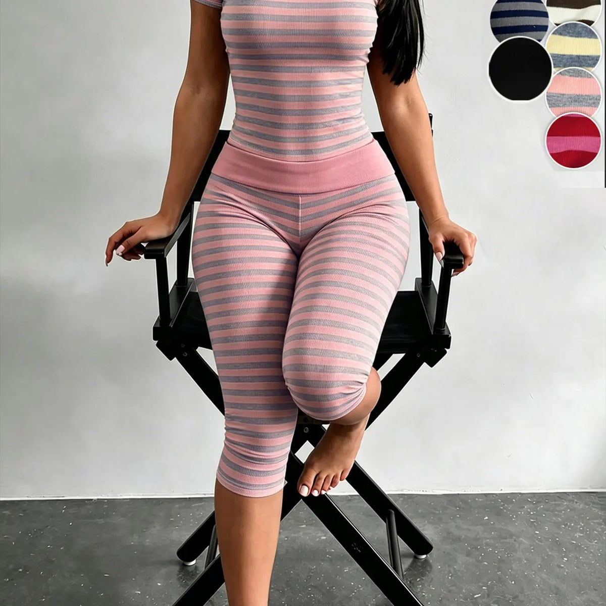 Yellow Grey Striped Two Piece Loungewear Set Crew Neck Short Sleeve Slim Crop Top High Waist Capri Leggings Stretch Fitted Matching Outfit Ideal for Home Relaxation Gym Training Grocery Runs and Casual Everyday All Season Comfy Outfits Stretchy Multicolor