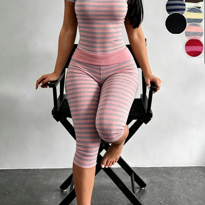 Yellow Grey Striped Two Piece Loungewear Set Crew Neck Short Sleeve Slim Crop Top High Waist Capri Leggings Stretch Fitted Matching Outfit Ideal for Home Relaxation Gym Training Grocery Runs and Casual Everyday All Season Comfy Outfits Stretchy Multicolor