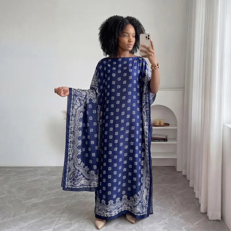 Women Printed Satin Abaya Set, Loose Batwing Sleeve Maxi Dress with Matching Long Scarf, Muslim Hijab Outfit, Islamic Dubai Kaftan for Party Daily Wear