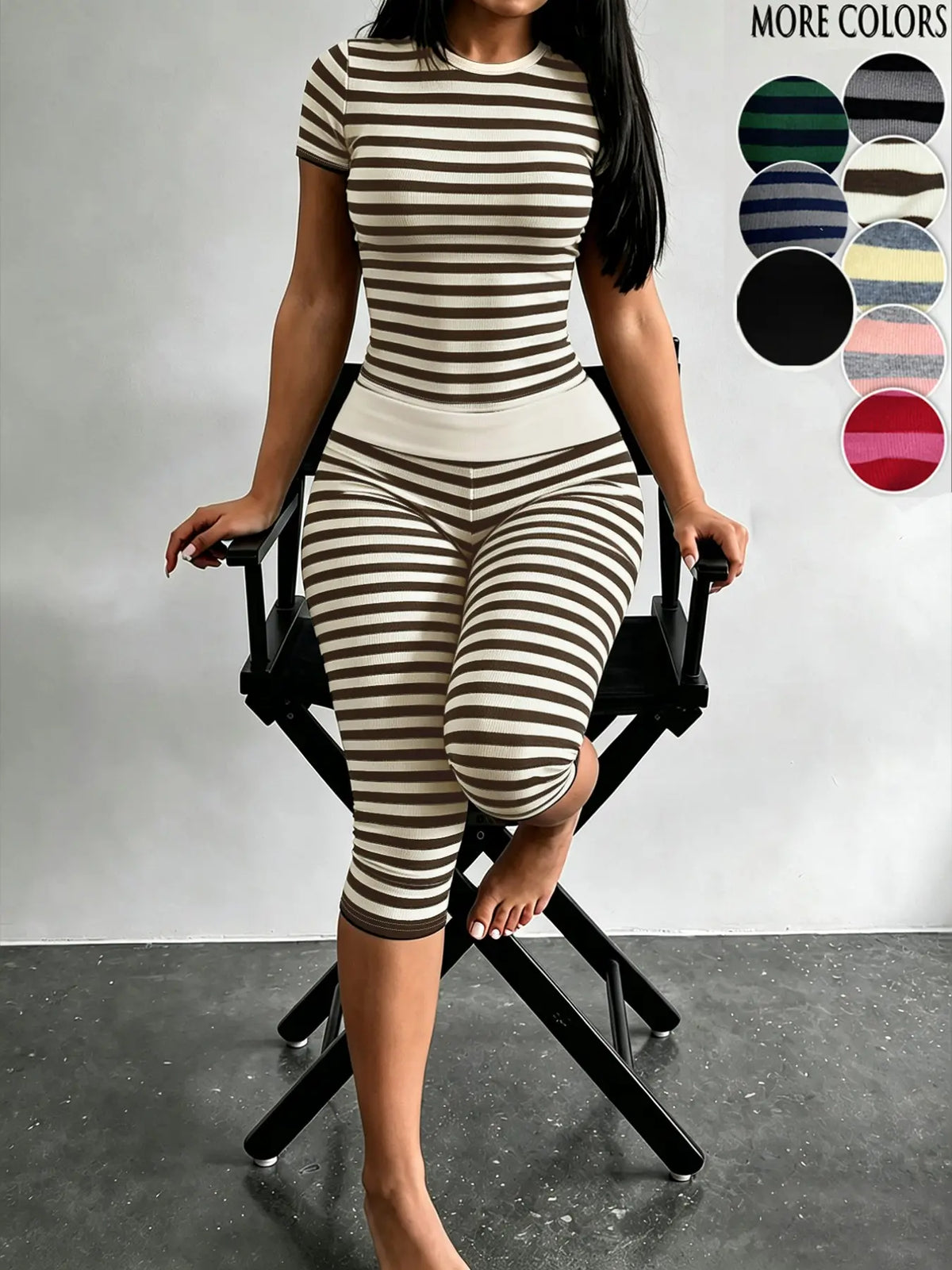 Yellow Grey Striped Two Piece Loungewear Set Crew Neck Short Sleeve Slim Crop Top High Waist Capri Leggings Stretch Fitted Matching Outfit Ideal for Home Relaxation Gym Training Grocery Runs and Casual Everyday All Season Comfy Outfits Stretchy Multicolor