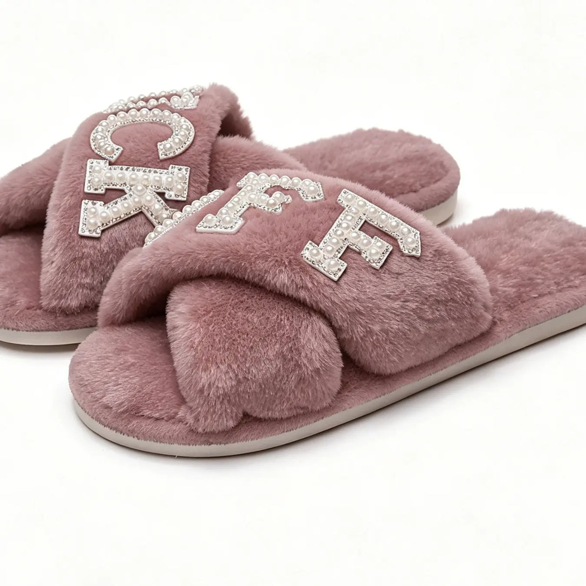 Pearl Drilled Letter off Women'S Plush Slippers Footwear, Comfortable Cross Strap Design, Memory Foam, Perfect Home Gift for Wife