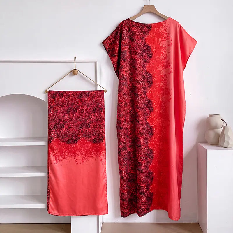 Women Printed Satin Abaya Set, Loose Batwing Sleeve Maxi Dress with Matching Long Scarf, Muslim Hijab Outfit, Islamic Dubai Kaftan for Party Daily Wear