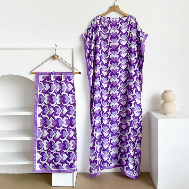 Women Printed Satin Abaya Set, Loose Batwing Sleeve Maxi Dress with Matching Long Scarf, Muslim Hijab Outfit, Islamic Dubai Kaftan for Party Daily Wear