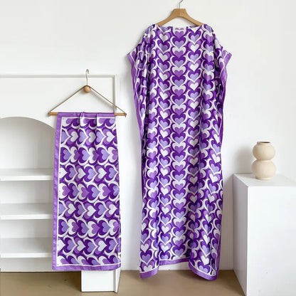 Women Printed Satin Abaya Set, Loose Batwing Sleeve Maxi Dress with Matching Long Scarf, Muslim Hijab Outfit, Islamic Dubai Kaftan for Party Daily Wear