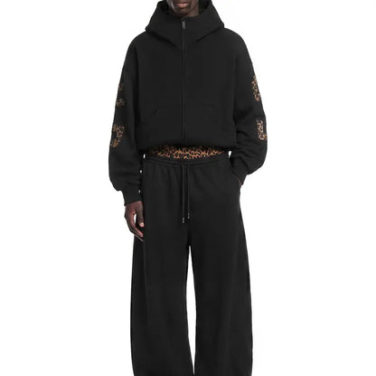 FDR Applique Letter Stand Collar Zip up Jacket & Leopard Panel Faux Two Piece Barrel Sweatpants Set Oversized Y2K Streetwear Unisex