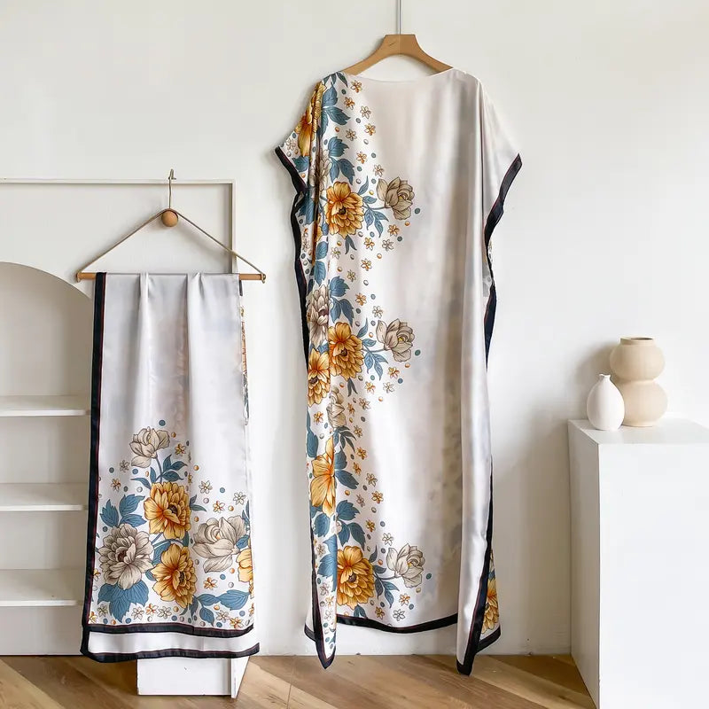 Women Printed Satin Abaya Set, Loose Batwing Sleeve Maxi Dress with Matching Long Scarf, Muslim Hijab Outfit, Islamic Dubai Kaftan for Party Daily Wear