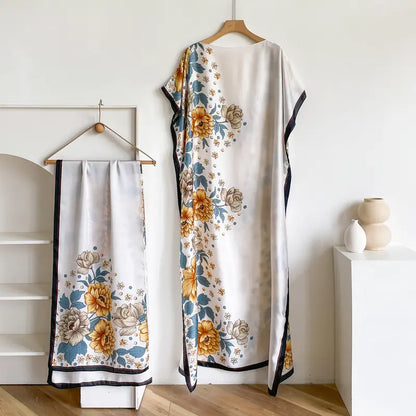 Women Printed Satin Abaya Set, Loose Batwing Sleeve Maxi Dress with Matching Long Scarf, Muslim Hijab Outfit, Islamic Dubai Kaftan for Party Daily Wear