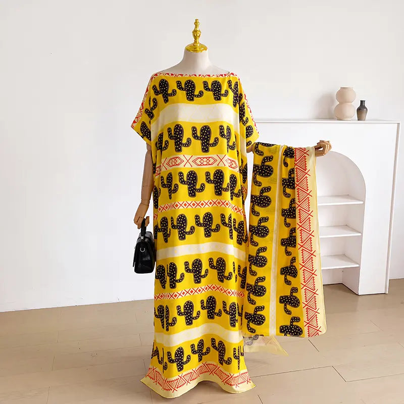 Women Printed Satin Abaya Set, Loose Batwing Sleeve Maxi Dress with Matching Long Scarf, Muslim Hijab Outfit, Islamic Dubai Kaftan for Party Daily Wear