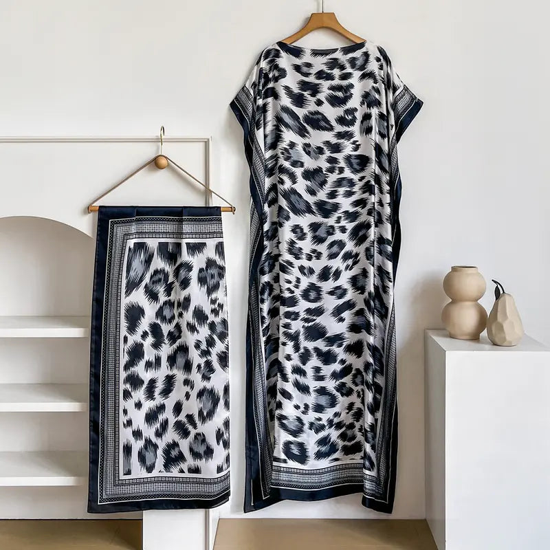 Women Printed Satin Abaya Set, Loose Batwing Sleeve Maxi Dress with Matching Long Scarf, Muslim Hijab Outfit, Islamic Dubai Kaftan for Party Daily Wear