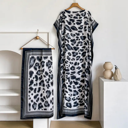 Women Printed Satin Abaya Set, Loose Batwing Sleeve Maxi Dress with Matching Long Scarf, Muslim Hijab Outfit, Islamic Dubai Kaftan for Party Daily Wear