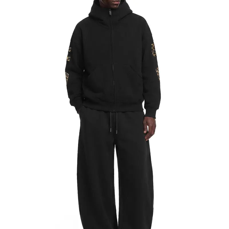 FDR Applique Letter Stand Collar Zip up Jacket & Leopard Panel Faux Two Piece Barrel Sweatpants Set Oversized Y2K Streetwear Unisex