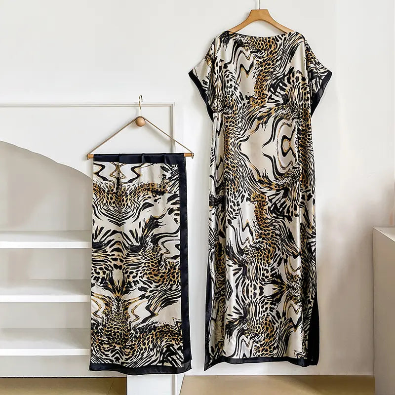 Women Printed Satin Abaya Set, Loose Batwing Sleeve Maxi Dress with Matching Long Scarf, Muslim Hijab Outfit, Islamic Dubai Kaftan for Party Daily Wear