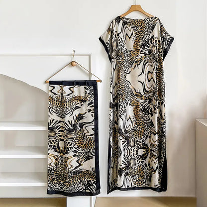 Women Printed Satin Abaya Set, Loose Batwing Sleeve Maxi Dress with Matching Long Scarf, Muslim Hijab Outfit, Islamic Dubai Kaftan for Party Daily Wear