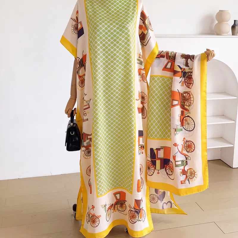 Women Printed Satin Abaya Set, Loose Batwing Sleeve Maxi Dress with Matching Long Scarf, Muslim Hijab Outfit, Islamic Dubai Kaftan for Party Daily Wear