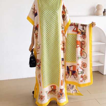 Women Printed Satin Abaya Set, Loose Batwing Sleeve Maxi Dress with Matching Long Scarf, Muslim Hijab Outfit, Islamic Dubai Kaftan for Party Daily Wear