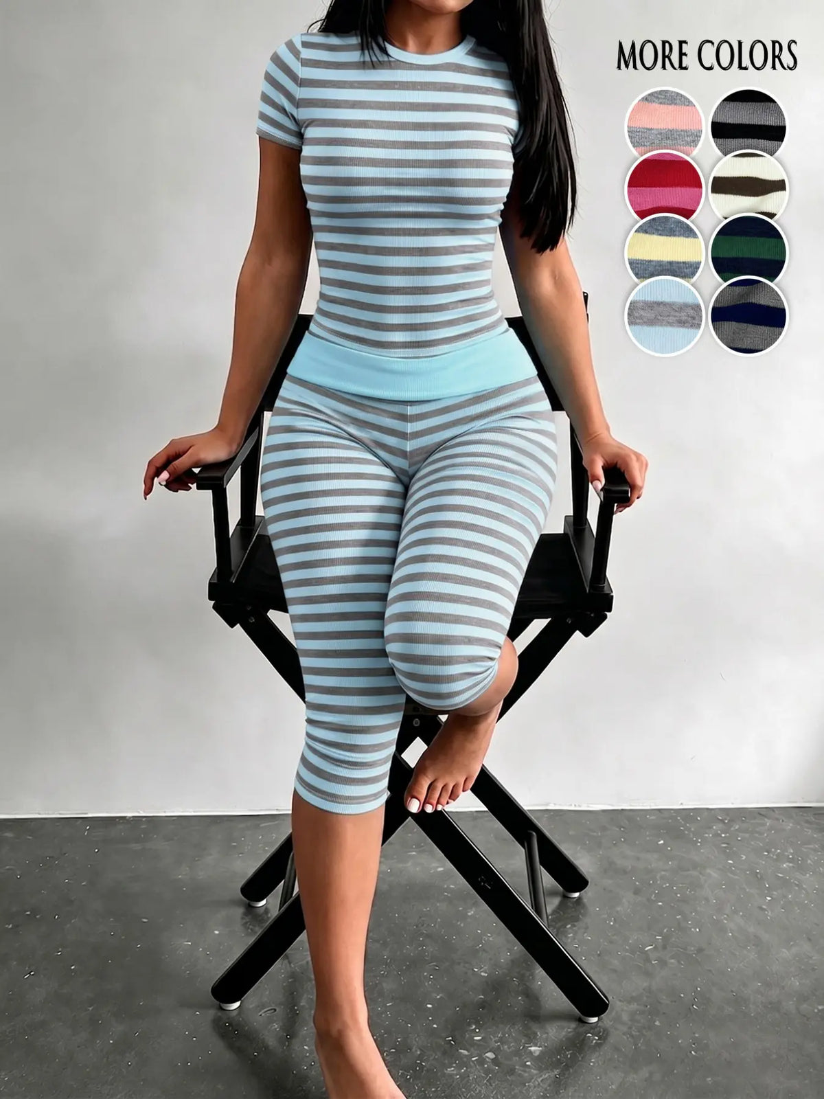Yellow Grey Striped Two Piece Loungewear Set Crew Neck Short Sleeve Slim Crop Top High Waist Capri Leggings Stretch Fitted Matching Outfit Ideal for Home Relaxation Gym Training Grocery Runs and Casual Everyday All Season Comfy Outfits Stretchy Multicolor