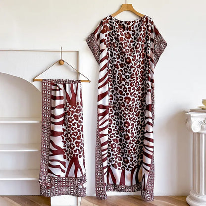 Women Printed Satin Abaya Set, Loose Batwing Sleeve Maxi Dress with Matching Long Scarf, Muslim Hijab Outfit, Islamic Dubai Kaftan for Party Daily Wear